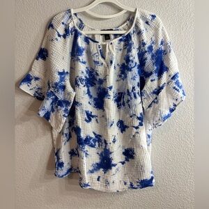 I.N. Studio Blue and White tie-dye Blouse Cotton Gauze Textured  1X Hippie Top